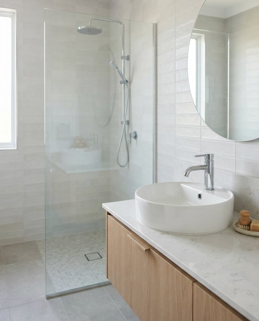 Modern bathroom with basin, mixer tap and glass shower screen