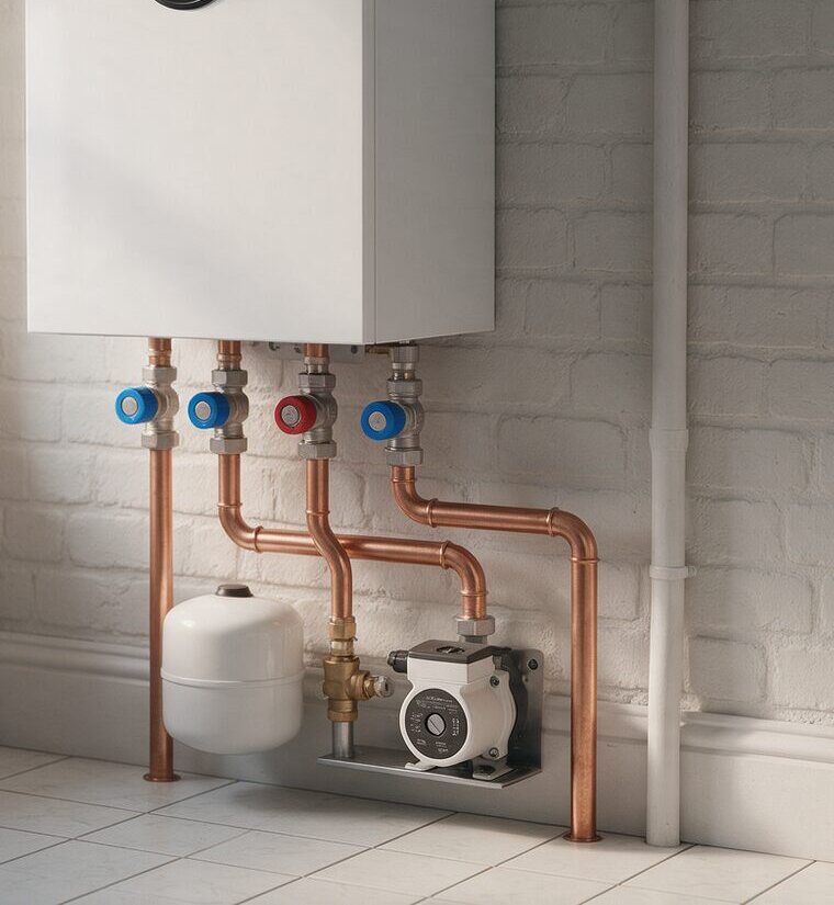Boiler with neatly installed copper pipework and valves