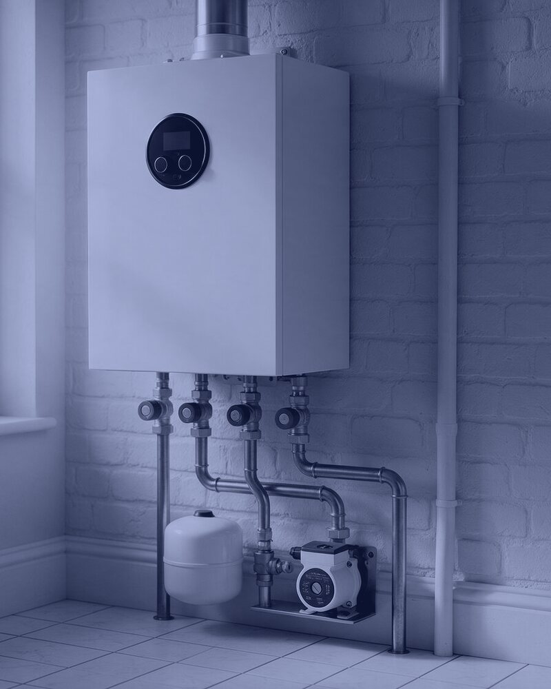 Wall-mounted boiler with pipework, shown in navy duotone