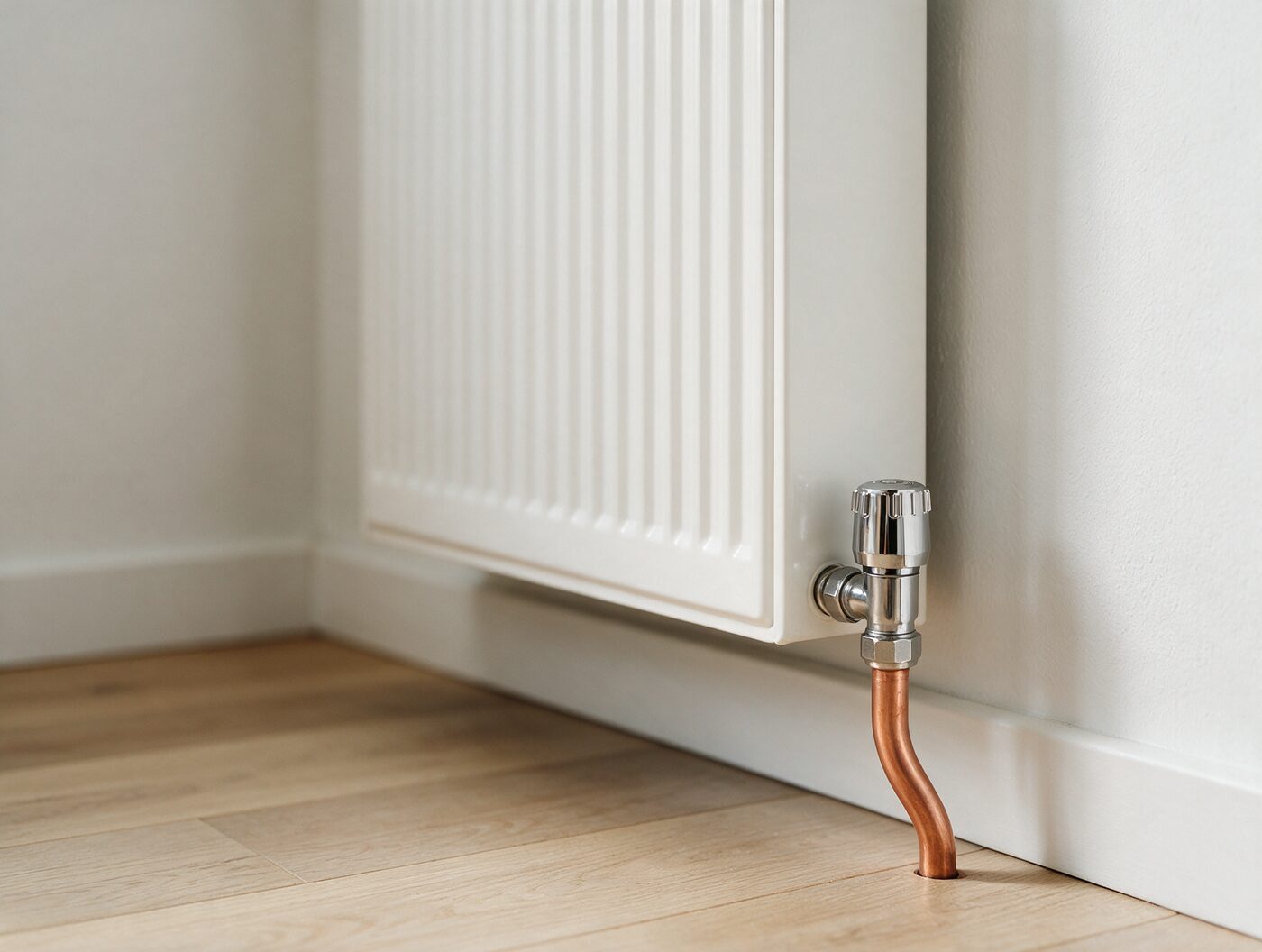 White panel radiator with a thermostatic valve and copper pipe